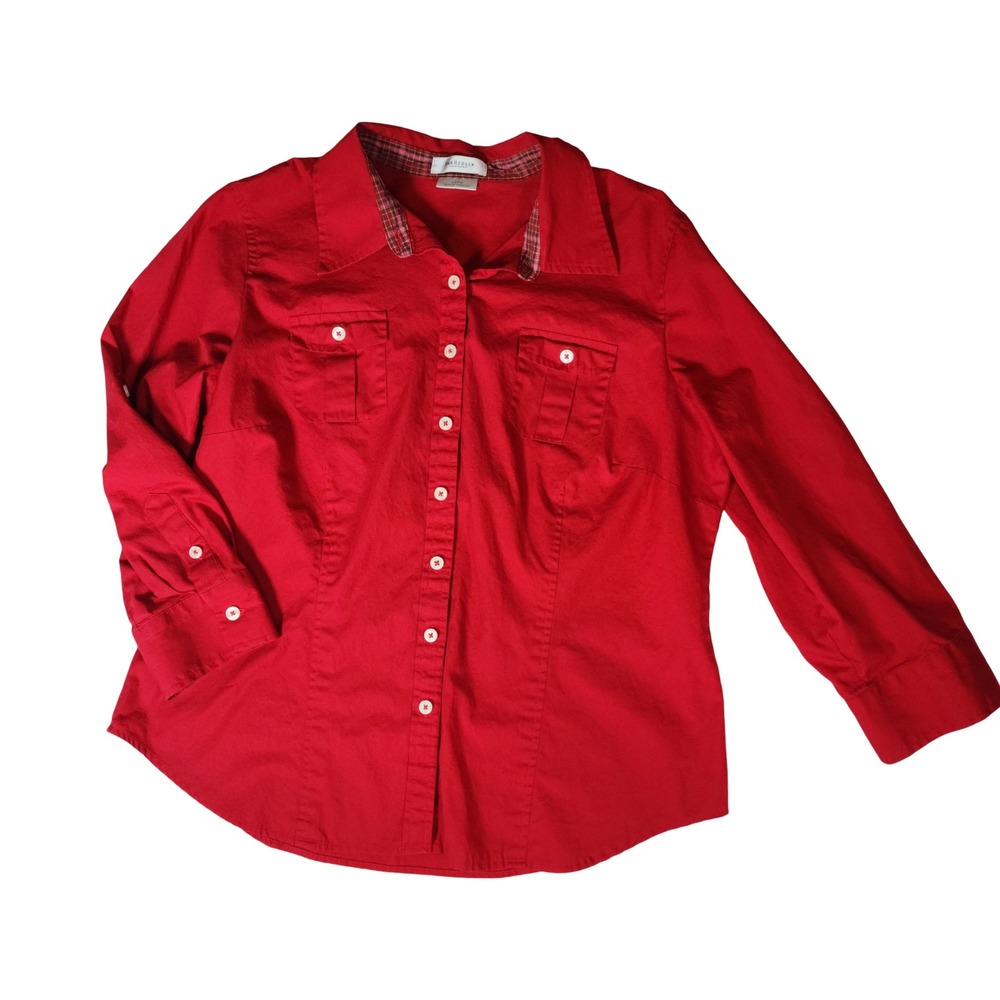 Van Heusen Womens Red Cotton Button Down Shirt Plaid Collar Accent Large